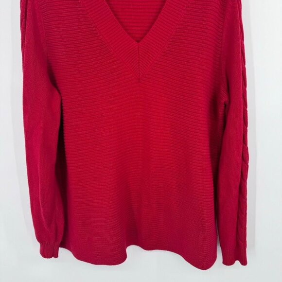Cabi standout Red V-Neck Sweater size large ribbed Cable Knit Sleeves womens - Picture 4 of 12